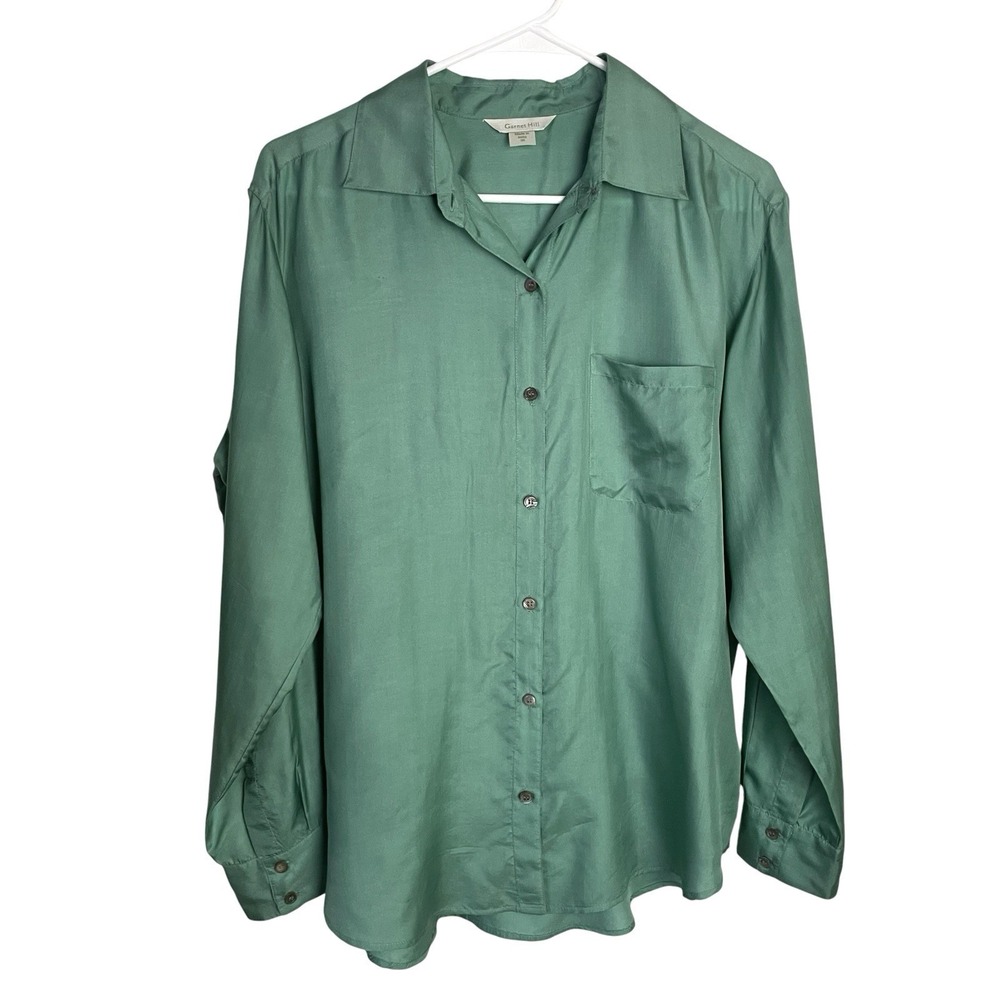 Garnet Hill 100% Silk Shirt Blouse Size 8 Green‎ Button Up Long Sleeve Office
